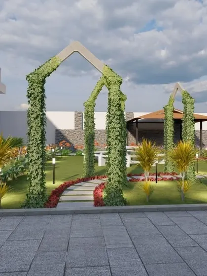 This 3D concept includes beautiful vine-covered arches that create a grand entrance to the garden, leading towards a cozy gazebo in the background.