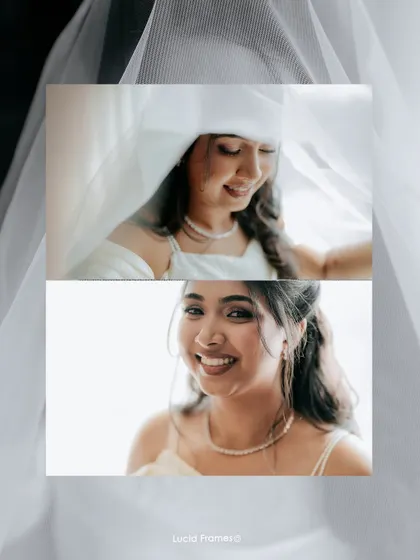 A diptych of the bride's happy, smiling face, both under the veil and in a clear portrait.