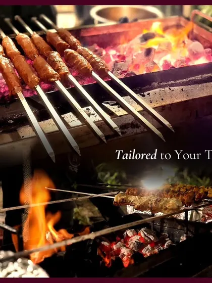 A collage showing our chefs grilling different types of kebabs over live coals. We tailor our menus to your taste, offering a wide range of marinated meats and vegetarian options for the grill.