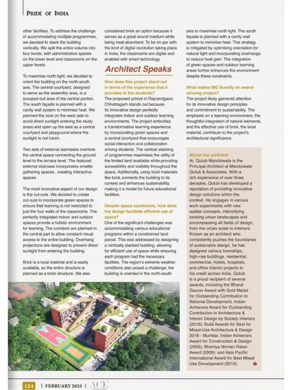 A page from Ace Magazine detailing the architectural strategies for the MG Suncity School. It explains how we maximized north light, used brick as a local material, and designed the building to encourage interaction and collaboration.