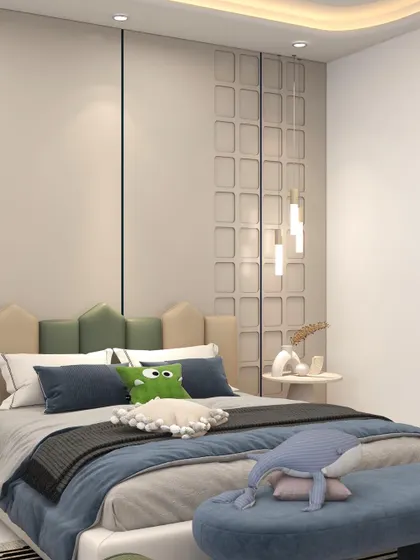 This kid's bed features a custom-shaped headboard in green and beige, adding a playful touch to the room.