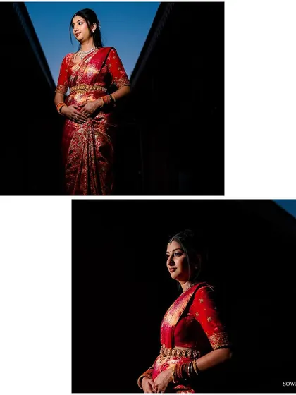 A diptych of a bride in a stunning red saree, shot with dramatic lighting to create a bold, artistic statement.
