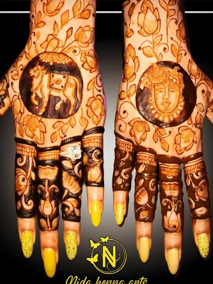 A digitally enhanced photo of the back hand design with traditional figures. This helps to highlight the intricate details and the rich color of the henna.