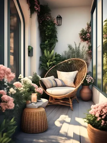 A serene and stylish balcony corner featuring a comfortable wicker bowl chair. The soft pink flowers and natural textures create a peaceful and photogenic spot.