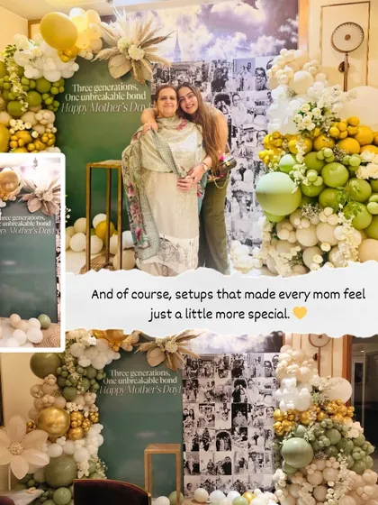 A Mother's Day setup that made every mom feel a little more special. This beautiful decor celebrated three generations with a stunning photo wall and an elegant balloon arch.