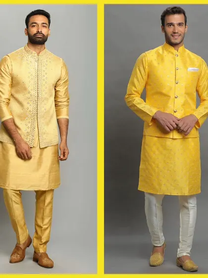 Two stylish yellow kurta bandi sets. These pre-loved outfits are perfect for brightening up your festive wardrobe.