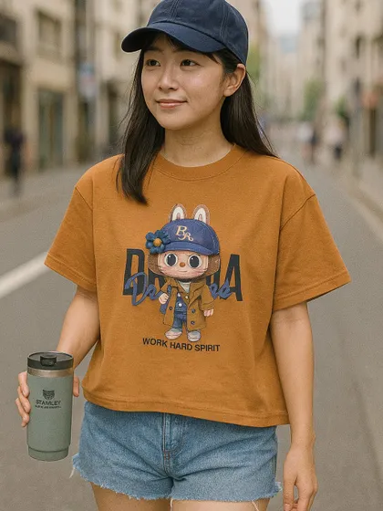 This mustard-colored Labubu t-shirt offers a trendy, earthy color palette. The graphic shows the character with a "Work Hard Spirit" motto, making it a fun and motivational addition to your casual wardrobe.
