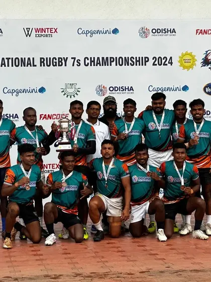 The Odisha Men's Rugby team celebrates their bronze medal win at the Senior National Rugby 7s Championship. We congratulate our partner academy's players who were part of this successful team.