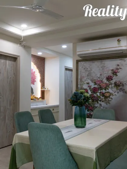 The final look of a beautiful pooja space, featuring a stunning lotus mosaic in marble and a custom carved arch. This is the reality of our 3D visualization.
