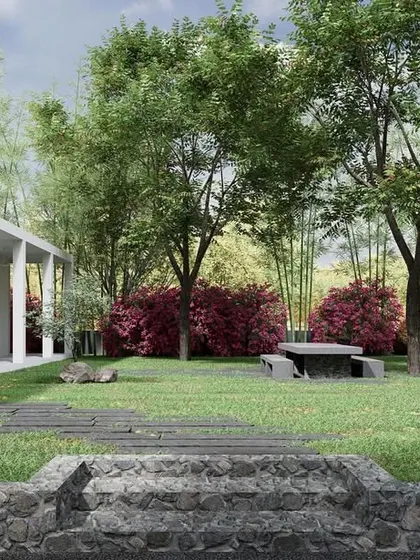 We used natural stone retaining walls to create subtle level changes in the landscape of this weekend retreat. This technique helps to define different outdoor zones, like the lawn and seating area, while maintaining a cohesive and natural feel.
