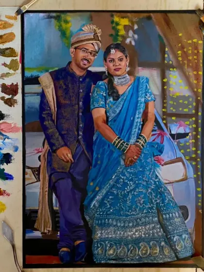 A full-length oil portrait of a couple in their stunning blue wedding attire. I paid close attention to the intricate details of the fabric and jewelry to make the painting as regal as the photo.