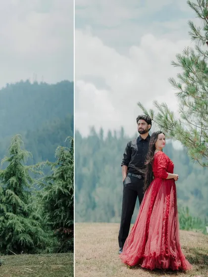 A posed shot of the couple against the backdrop of pine trees and mountains. This showcases my ability to compose classic portraits in a natural environment.