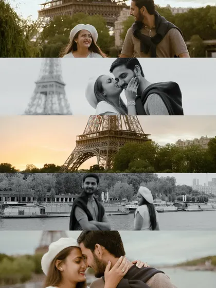 This film-strip style collage captures multiple moments from Meet and Tisha's Paris shoot, showing a mix of playful, romantic, and candid interactions.