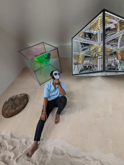 A member of our team interacting with our own 'Interrogation of the Primal' installation at DesignUru. The piece invited viewers to question the nature of creation and time.