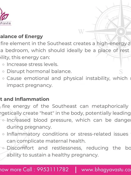 The fire element in the South-East creates a high-energy zone that can increase stress and cause hormonal imbalance, which is not ideal for a bedroom. This imbalance can lead to restlessness and may impact a healthy pregnancy.