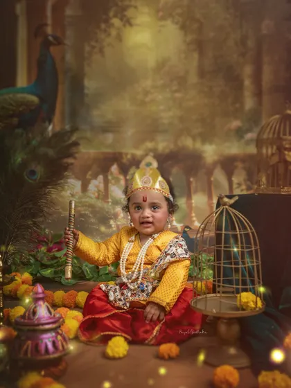 This little Krishna, holding his flute and surrounded by marigolds, looks like a character straight out of a mythological story. My studio sessions are designed to be immersive.