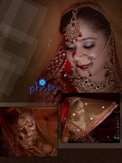 A wedding album collage featuring several beautiful portraits of the bride under her veil.
