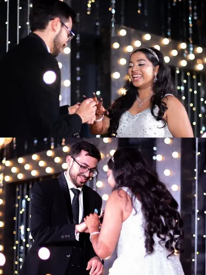 A collage capturing the couple's ring exchange and their happy smiles during the engagement ceremony.