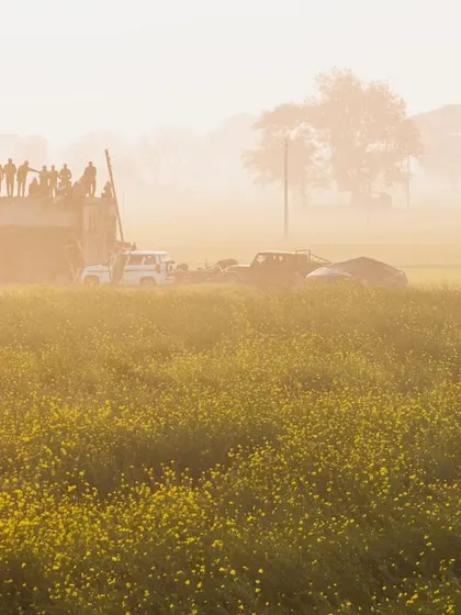 A crowd gathers on a tractor during the tiger rescue, showing the immense public interest and the challenges of managing human-wildlife interactions.