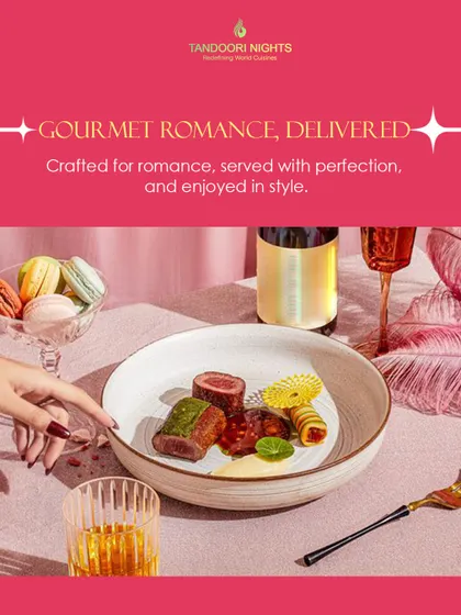 Gourmet romance, delivered. This image captures a sophisticated Valentine's dinner setting, featuring a beautifully plated main course, macarons, and wine, all crafted for a memorable experience.