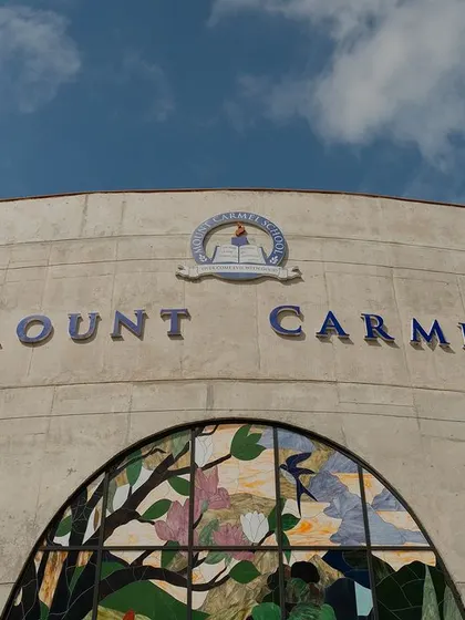 A low-angle shot of the Mount Carmel facade, emphasizing its scale and the contrast between the concrete structure and the blue sky. This view captures the building's strong, institutional character.