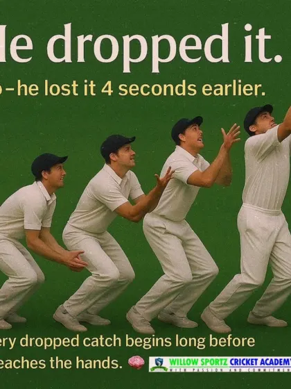 A dropped catch is a mistake that begins long before the ball reaches the hands. This visual shows how a poor setup and technique lead to an inevitable error.