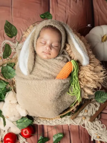 Our little bunny, complete with long ears and a carrot. This woodland theme with rustic props is so charming for a newborn boy.