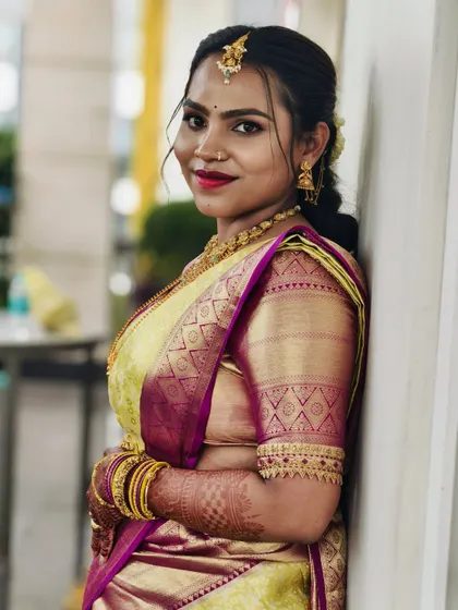 A smiling portrait of the bride, giving a closer look at the intricate zari work on the sleeves of her blouse.