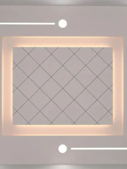 This design combines a backlit rectangular frame with a textured or patterned central panel. The surrounding spotlights add functional brightness while the cove light provides a soft, ambient mood.