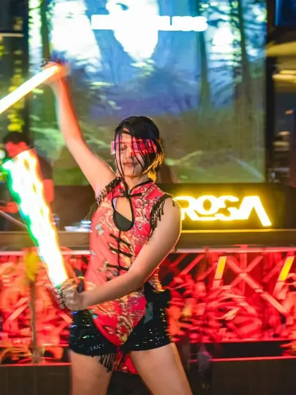 The pixel poi in full swing. The bright, colorful patterns they create are a perfect match for the high-energy atmosphere of a techno party.