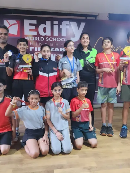 The whole team of young winners after a clean sweep at the CBSE Cluster Tournament in Firozabad. We secured medals in both individual and team events.