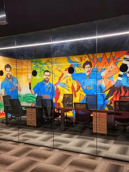 We created this epic mural for the Crictracker office conference room, featuring legendary Indian cricketers. The artwork is visible through the glass walls, making the room a central feature of the office.