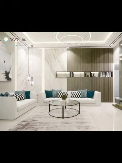 A modern living room concept with white sofas and pops of blue and black in the cushions. The design features a slatted wood accent wall and a sleek TV unit.