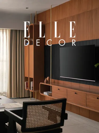 This living room TV unit, featured in Elle Decor, was noted for its Japandi-inspired design and sustainable materials. The feature celebrated the home's blend of aesthetic appeal and longevity.