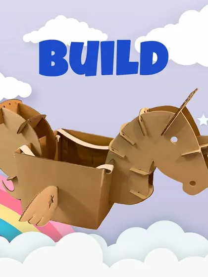 Step one: BUILD. Our themed play-box kits, like this magical unicorn, come with pre-cut pieces that slot together easily. No glue, no mess, just the fun of construction.