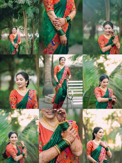 A beautiful collage showcasing the bride in her stunning Paithani saree. I take portraits from various angles in a natural, outdoor setting to highlight the elegance of the traditional attire.