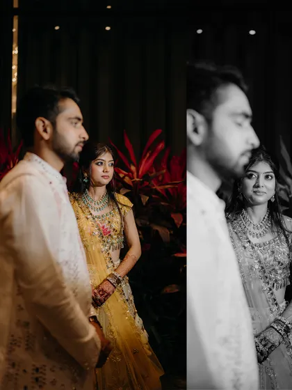A diptych showing the couple's expressions during their engagement ceremony. The use of color and monochrome adds a dramatic, artistic flair.