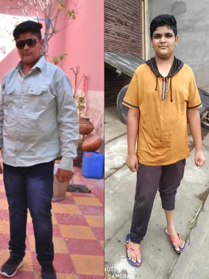 Yoga is for everyone, including young adults. This before and after photo shows a young student's progress in managing his weight and building healthier habits through our guided online sessions.