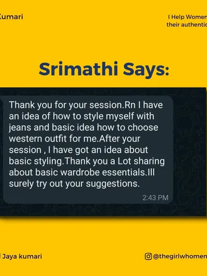 Srimathi expresses her happiness after our session, where she learned the basics of styling, how to choose western outfits, and what wardrobe essentials she needs.