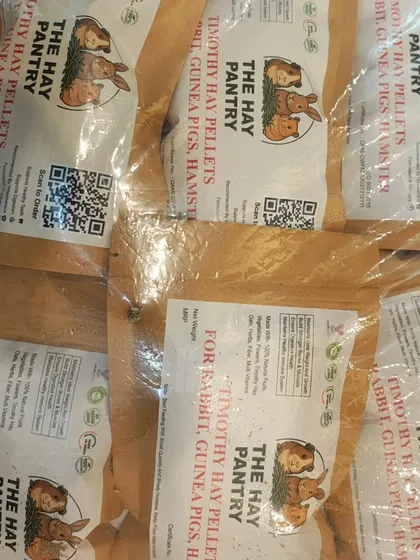 These are my 'The Hay Pantry' Timothy hay pellets, ready for shipping. They are a convenient and less messy way to provide essential fiber to your small pets.