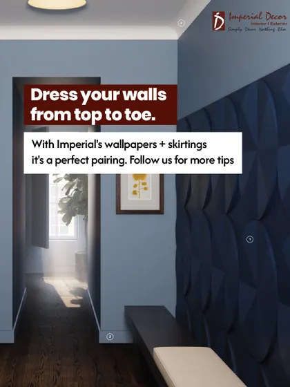 I believe in dressing your walls from top to toe. With my wallpapers and skirtings, you get a perfect pairing that completes the look of any room, as shown in this hallway with 3D wall panels.