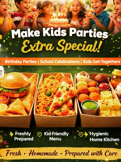Indian snacks and continental food fill the boxes in our kids-party menu graphic, with a birthday illustration above.