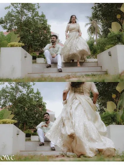 A two-panel story showing the bride-to-be walking down the stairs towards her partner, capturing movement and anticipation.