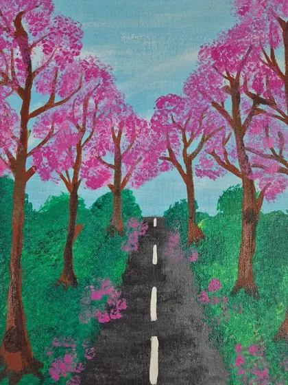 A beautiful painting of a road lined with cherry blossom trees, created by a guest during a weekend workshop.