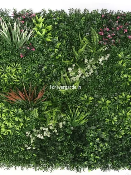 A sample panel showcasing a mix of light greenery, pink and white flowers, and darker leaves, demonstrating our ability to customize for different color schemes.