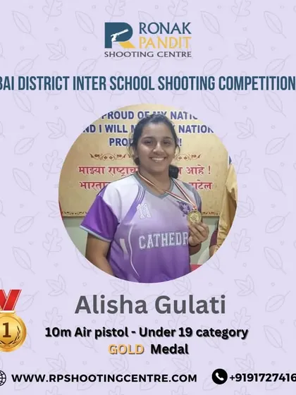 Congratulations to Alisha Gulati for winning the Gold Medal in the 10m Air Pistol Under 19 category at the Mumbai District Inter-School Shooting Competition.
