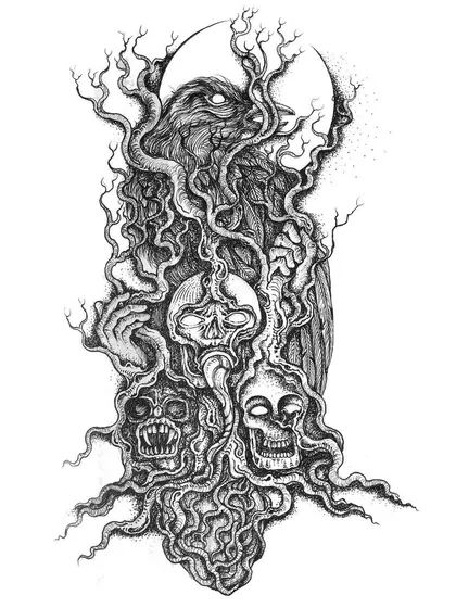 An ink drawing featuring a raven, a common symbol in my work, intertwined with skulls and abstract roots. It represents the connection between wisdom, death, and the natural world.