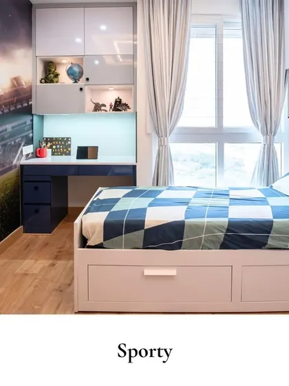 This sporty and stylish kids' room is designed to fuel imagination. A large wall mural of a stadium creates an energetic backdrop, while the custom bed with built-in storage and an integrated study nook makes the space highly functional.