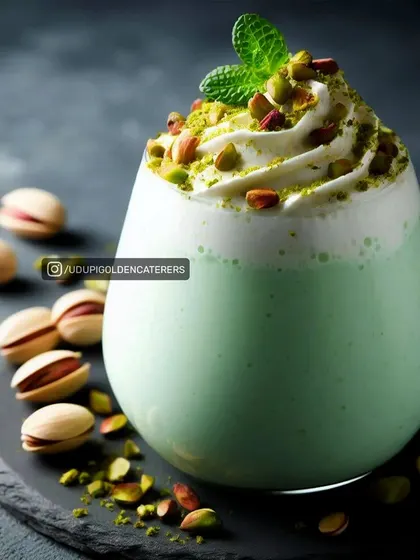Our creamy Pista Milkshake is a luxurious beverage option. It's made with real pistachios and topped with whipped cream and chopped nuts.