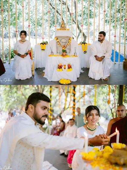 The couple lighting candles together, a symbolic act of unity in their Buddhist ceremony.